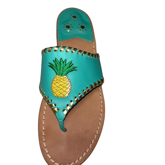 Jack Rogers turquoise /Gold Stitching thong sandals Embroidered pineapple 10 - Picture 1 of 6